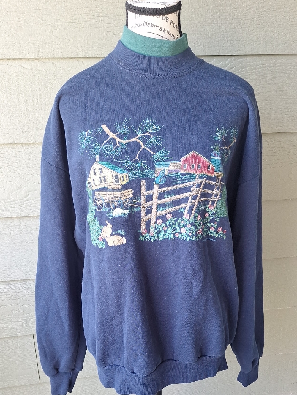 VTG Endless Designs 1996 Country Cottage Scene Double Neck Sweatshirt XL Blue